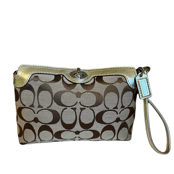 Coach Signature Brown Canvas Gold Leather Trim Turnlock Wristlet - Coin Wallet - Picture 7 of 12